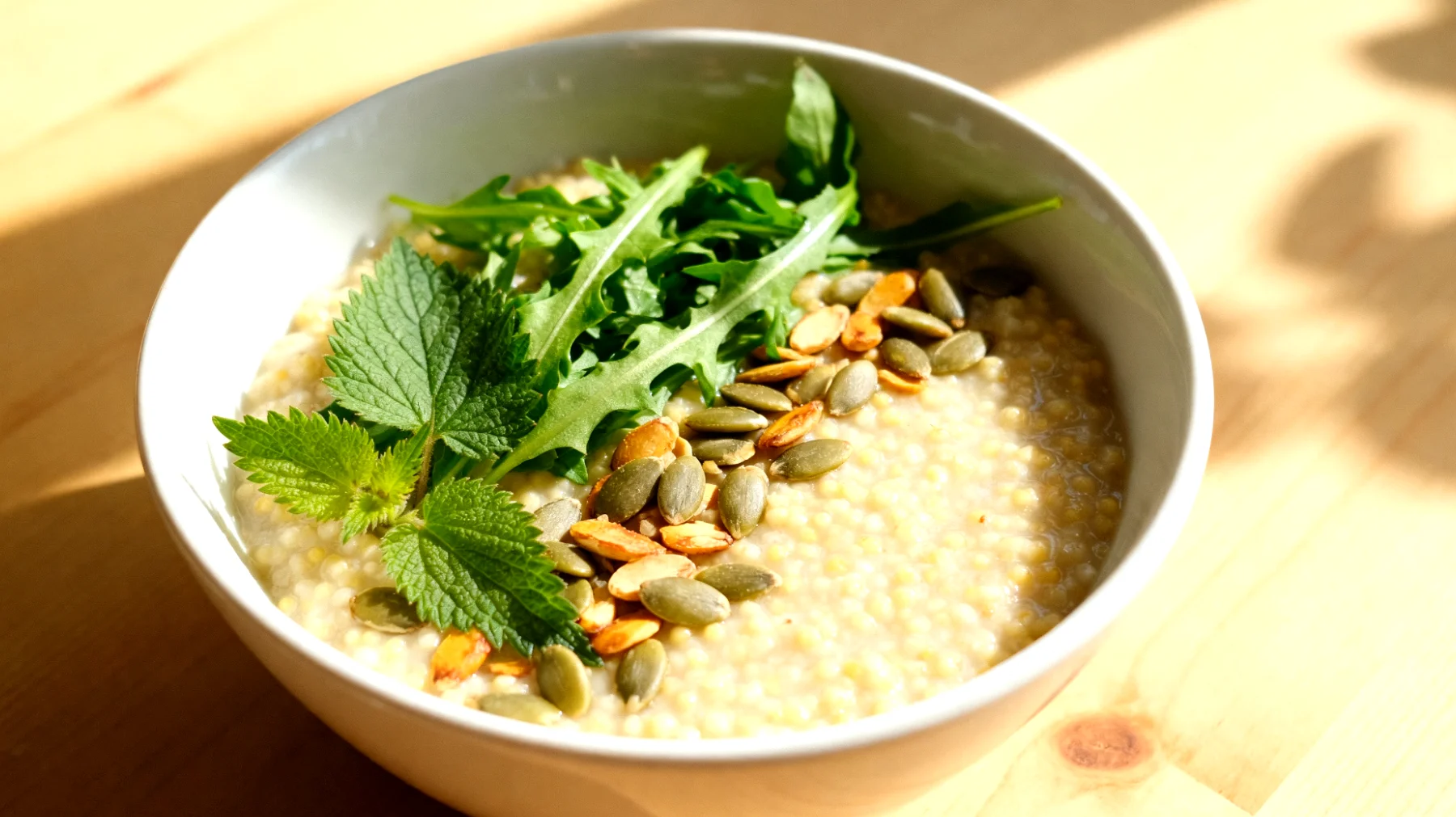 Brennnessel-Hirse-Porridge mit Löwenzahn und Kürbiskernen"