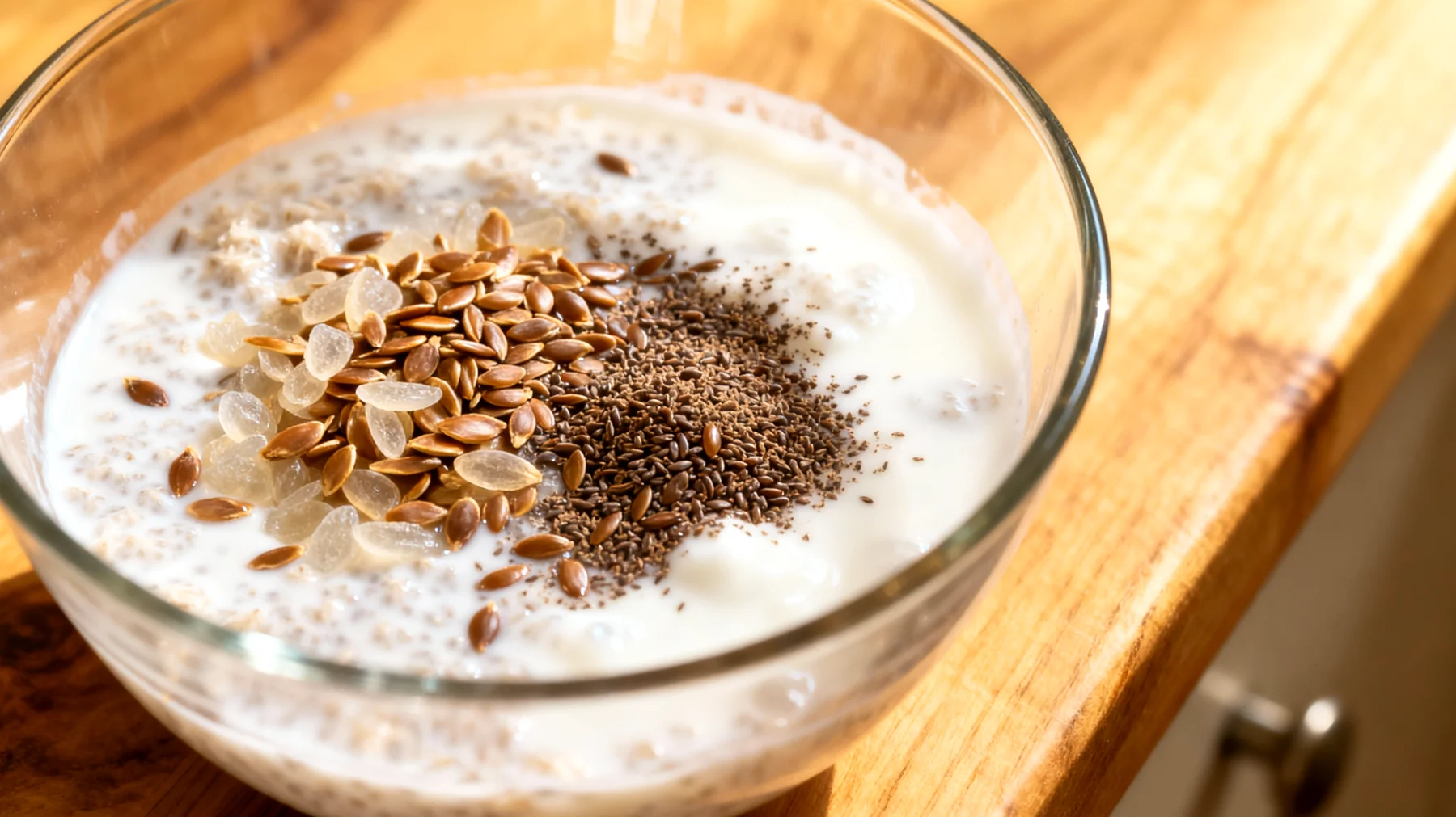Flohsamenschalen (Psyllium) mit Kefir und geriebenen Leinsamen"