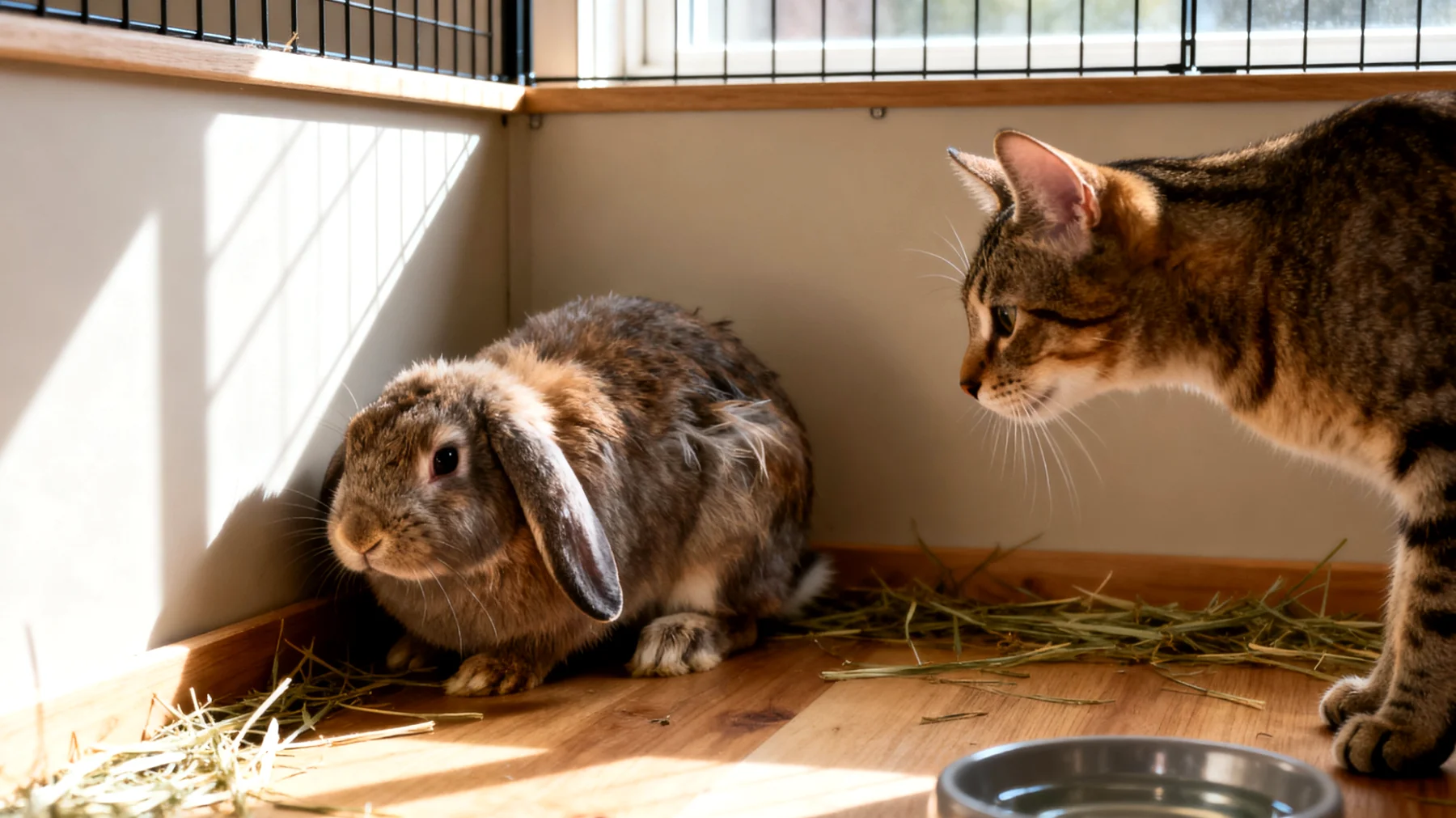 Kaninchen brauchen eine strukturierte tägliche Routine mit festen Futter-, Auslauf- und Reinigungszeiten, aber beim Zusammenleben mit anderen Tieren wie Hunden oder Katzen wird diese Routine häufig gestört, da die unterschiedlichen Bedürfnisse und Aktivitätszeiten der Tierarten zu Stress und Unruhe beim Kaninchen führen"