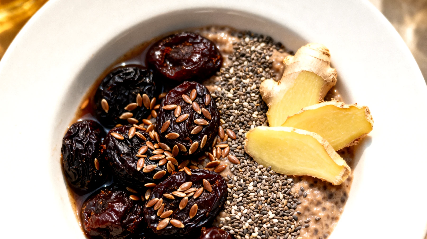Leinsamen-Pflaumen-Kompott mit Chiasamen und Ingwer"