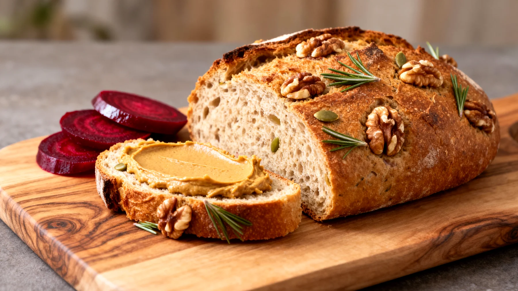 Walnuss-Rosmarinbrot mit Kürbiskernbutter und fermentierten Rote-Bete-Scheiben"
